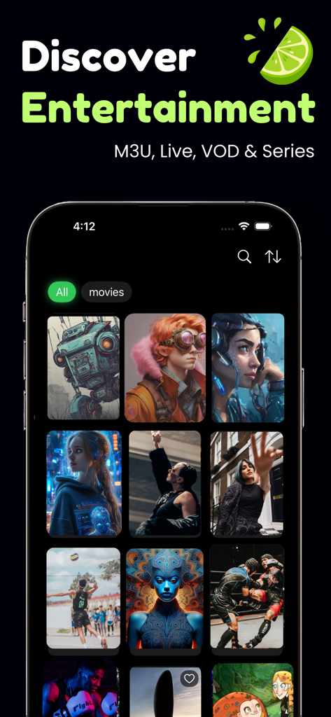 Smart IPTV Player interface displaying a discovery screen with movie posters and categories on an iPhone