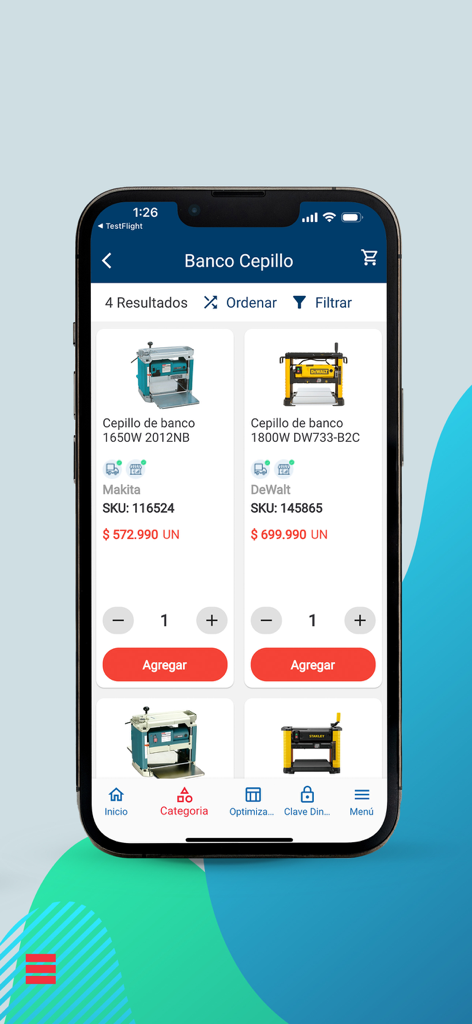 Imperial App - Imperial App screen showing a product catalog of woodworking bench planers with prices and add to cart buttons