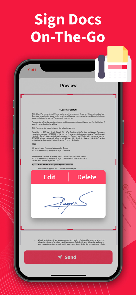 Un smartphone mostrando la interfaz de la aplicación Easy FAX para añadir una firma digital a un documento de acuerdo con el cliente.