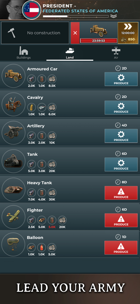 Supremacy 1914 - World War 1 - Interface of Supremacy 1914 showing options to produce military units like tanks and artillery