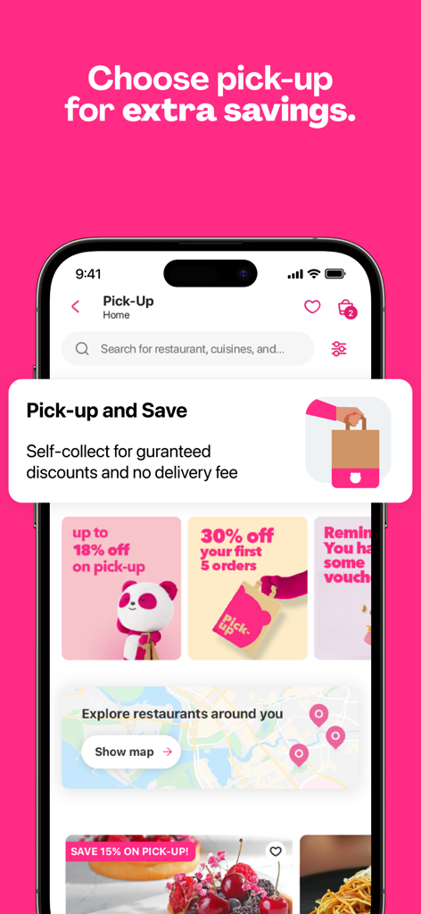 Foodpanda mobile app interface showcasing the pick-up feature with guaranteed discounts and no delivery fees.