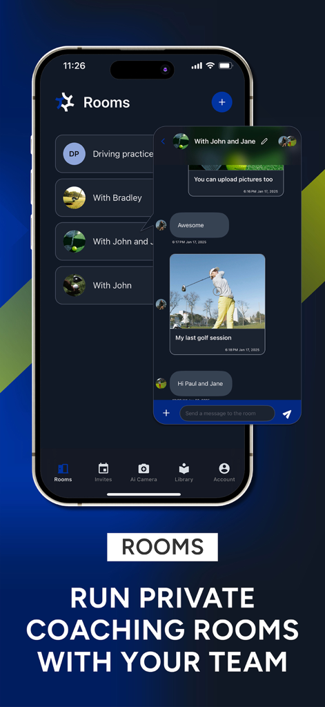 UView: AI Sports Video Coach - UView app private coaching rooms showing team chat and sports video sharing