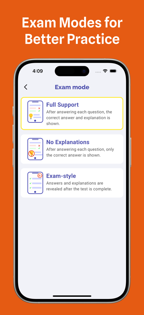Mobile app screen showing three practice exam modes for the Certified Treasury Professional certification including Full Support and Exam-style options.