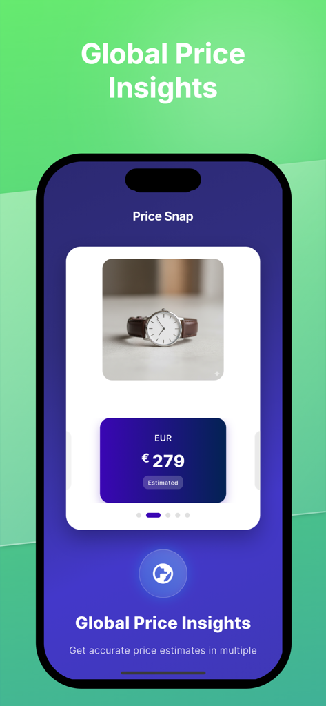 Price Snap: Ai Value Scanner - Price Snap app screen showing a watch with an estimated resale value of 279 Euros.