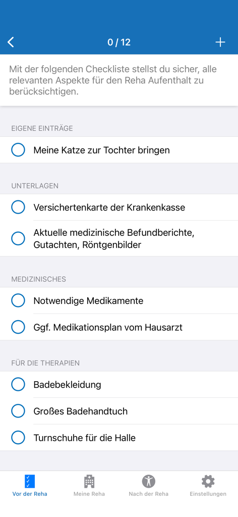 Hamm Kliniken - Liste de contrôle de préparation pour la réadaptation oncologique dans l'application mobile Hamm Kliniken