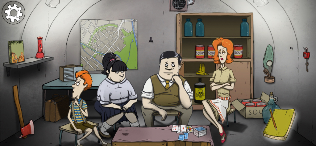 60 Seconds! Atomic Adventure - Una famiglia di quattro persone seduta in un rifugio antiatomico in stile anni '50 con provviste di sopravvivenza.