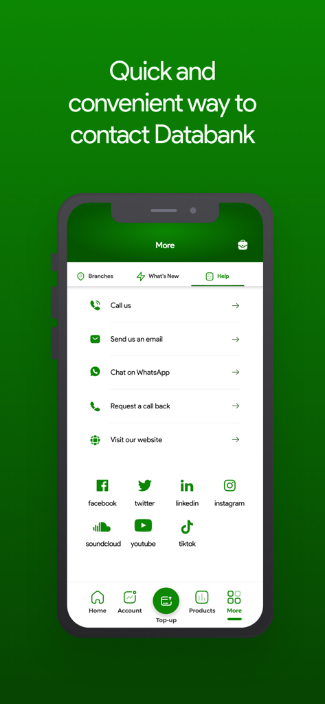 Support and contact page of the Databank Group app featuring options for phone calls, email, WhatsApp chat, and social media links.