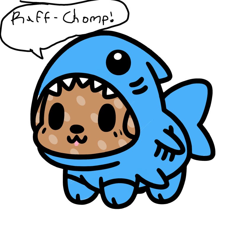 cute dog wearing a shark costume