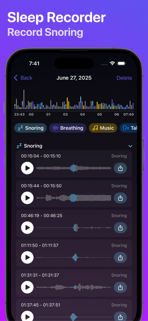 Sleep Recorder - Somnio - Interface of Somnio sleep recorder app showing a list of recorded snoring events and a nighttime sound timeline.