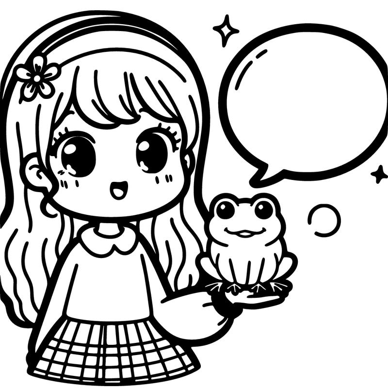 girl holding a frog with a speech bubble