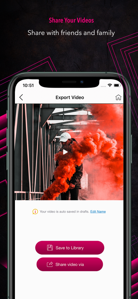 Oberfläche der Nonstop Cam App zeigt den Video-Export-Bildschirm mit Optionen zum Speichern in der Bibliothek oder zum Teilen über soziale Medien.