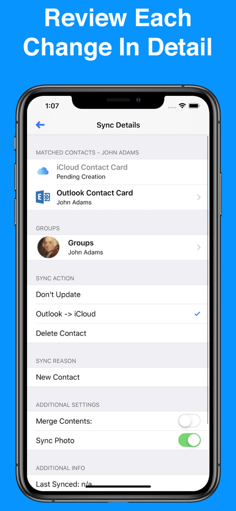 Contacts Mover - Review contact sync actions between Outlook and iCloud in Contacts Mover
