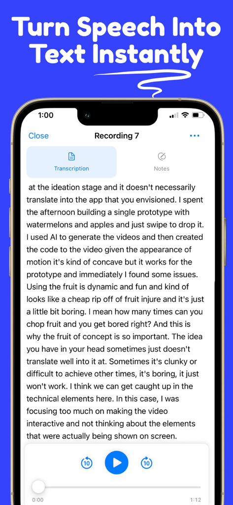Transcribe Audio to Text: REVO - iPhone screen displaying an audio recording transcription in the REVO app
