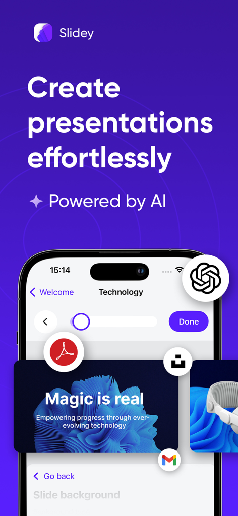 Slidey app promotional screen showing AI-powered presentation creation on an iPhone