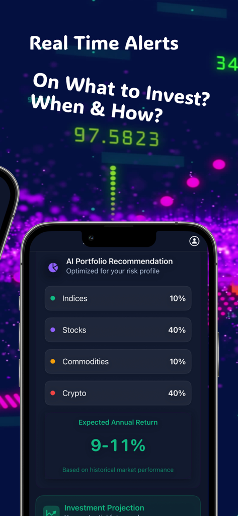 Advisory mobile app interface showing AI portfolio recommendations and expected annual returns.