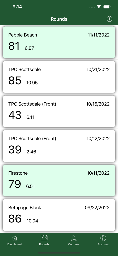 List of tracked golf rounds in the Simple Handicap app showing course names scores and dates