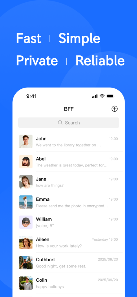 BFF Messenger - Private Chat - Die Chat-Listen-Oberfläche von BFF Messenger, die private Konversationen mit Kontaktnamen und Nachrichten-Vorschauen anzeigt.