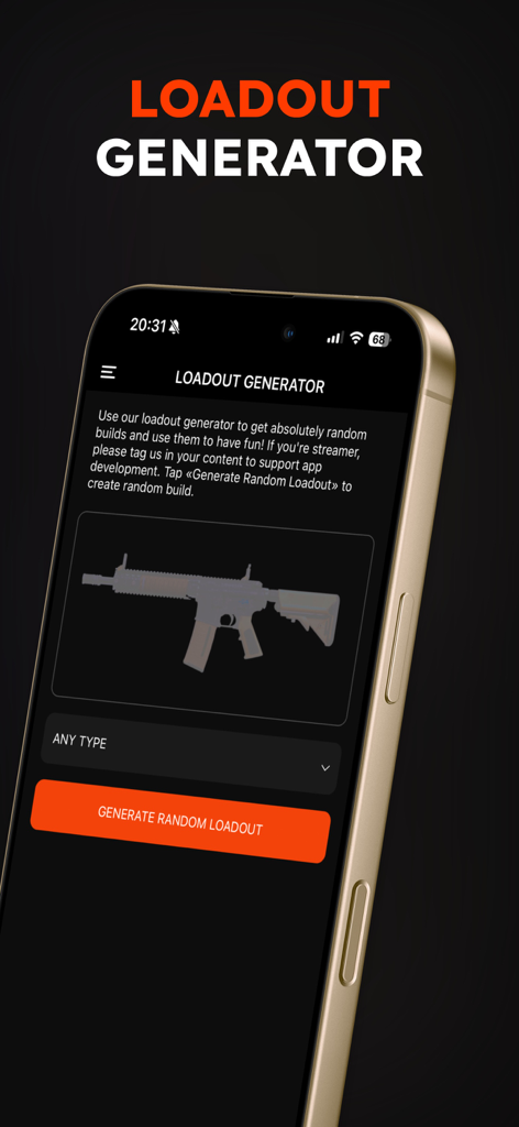 Battlefield 6 Meta and Stats - Oberfläche der Battlefield 6 Meta und Stats App, die den Loadout-Generator-Bildschirm mit einem Waffenbild und einer Schaltfläche zum Generieren zufälliger Builds zeigt.