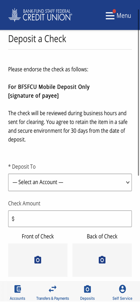 BFSFCU - Pantalla de la aplicación de banca digital BFSFCU para depósito de cheques móvil con campos de captura de cámara