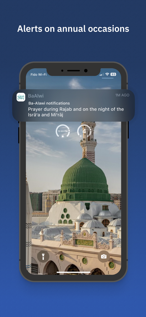 BaAlwi - A smartphone displaying a BaAlwi app notification for prayers during Islamic annual occasions