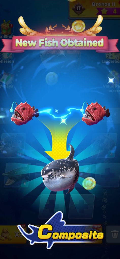 A screenshot of Fish Eater.io showing two anglerfish merging into a new sunfish with a New Fish Obtained banner.
