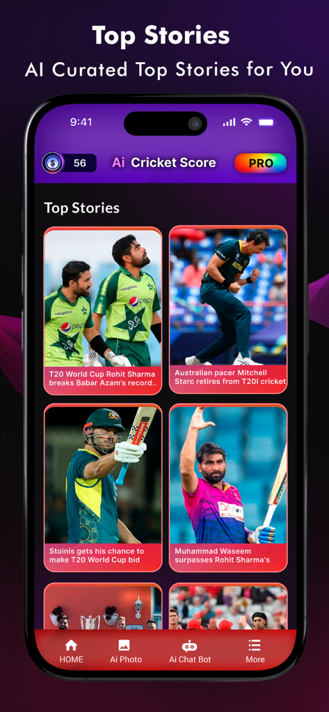 PTV Live Sports Cricket HD - Screenshot of the Criko AI app displaying AI curated cricket news stories