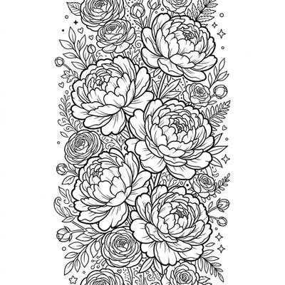 Delight in the beauty of Spring with this intricate Peonies bookmark coloring page. Featuring voluminous blooms and delicate foliage, it's perfect for a relaxing creative break or a thoughtful handmade gift.