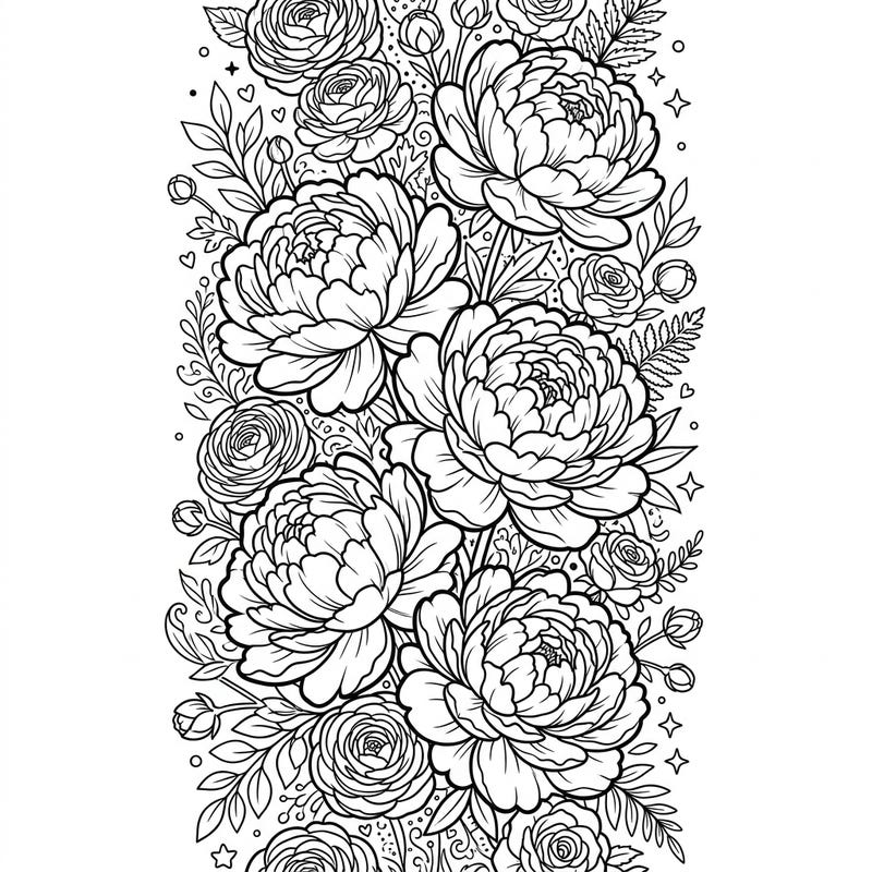 Delight in the beauty of Spring with this intricate Peonies bookmark coloring page. Featuring voluminous blooms and delicate foliage, it's perfect for a relaxing creative break or a thoughtful handmade gift.