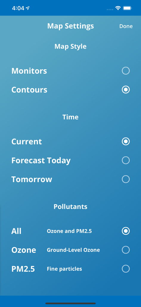 EPA AIRNow - Pantalla de configuración del mapa para la aplicación EPA AIRNow que muestra opciones para el estilo del mapa de calidad del aire, período de tiempo y tipos de contaminantes como ozono y partículas finas.