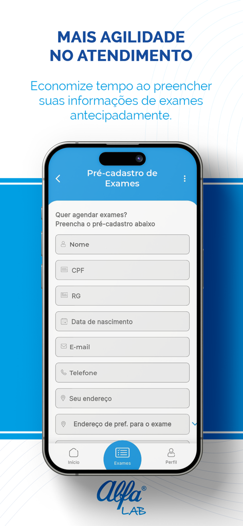 Alfa Laboratório - Pantalla de la aplicación móvil para el pre-registro de exámenes de Alfa Laboratorio