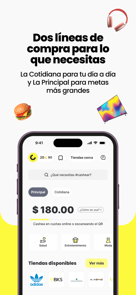 Interfaccia dell'app Cashea che mostra due diverse linee di acquisto per lo shopping quotidiano e per obiettivi importanti.