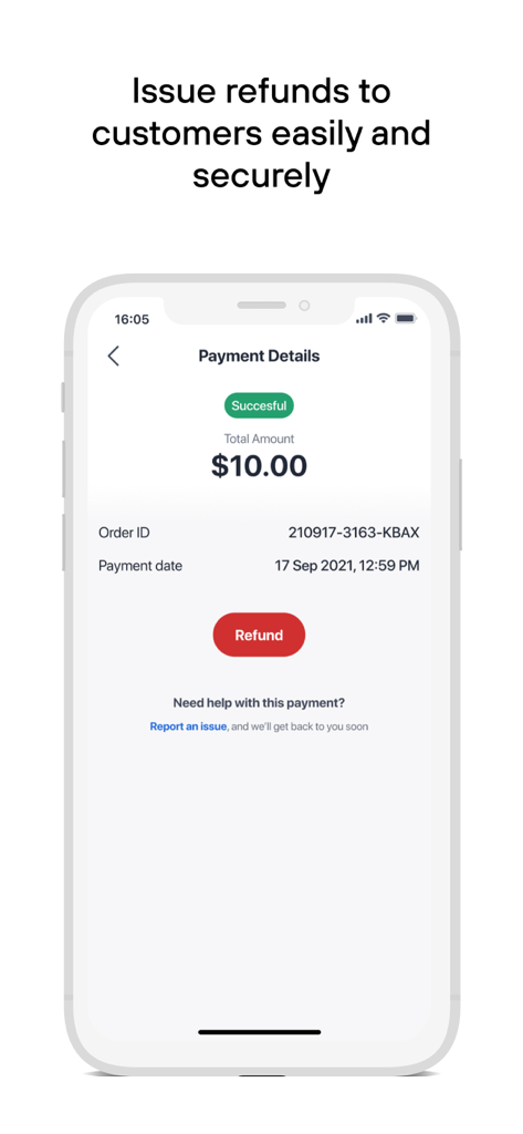 ShopBack for Business - Staff - ShopBack for Business Staff app interface showing payment details and a refund button