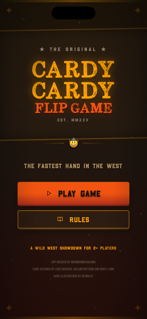 Cardy Cardy Flip Game - Cardy Cardy Flip Game main menu screen featuring a Wild West theme with play and rules buttons.