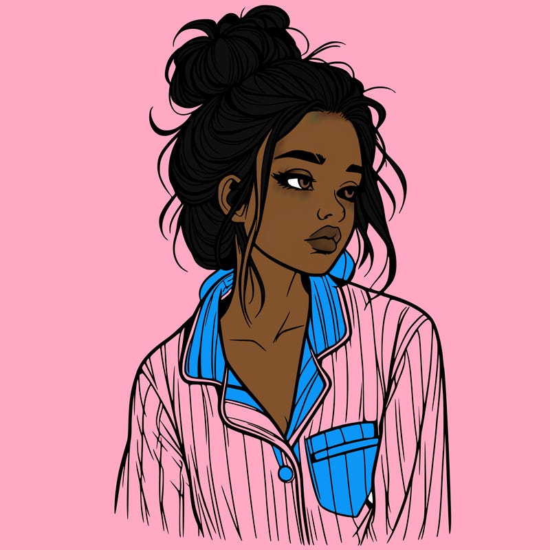realistic woman with pajamas on and a messy bun