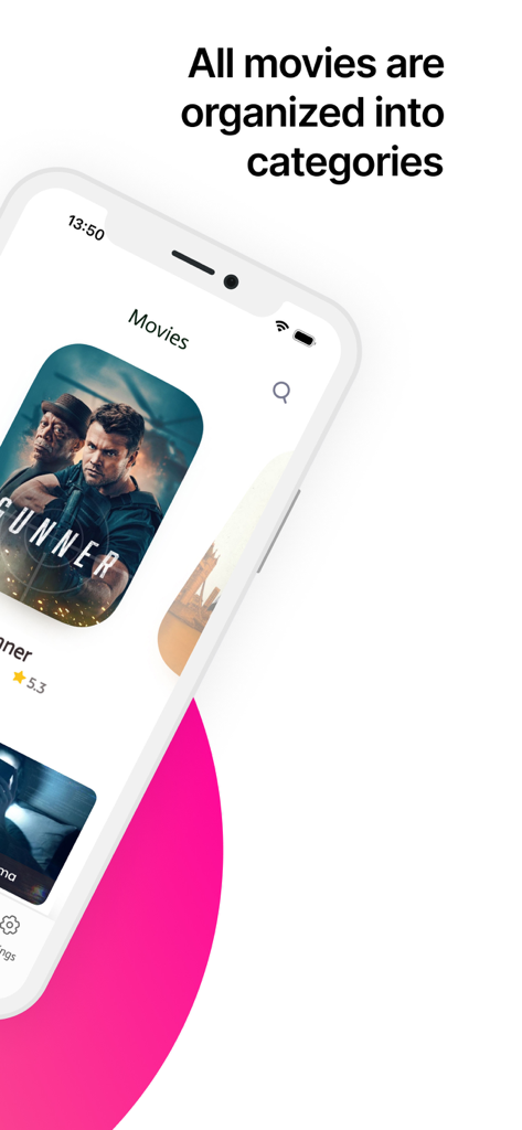 Une interface d'application mobile intitulée Films montrant des affiches de films organisées par catégories.