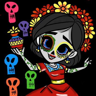 a disney style day of the dead woman.