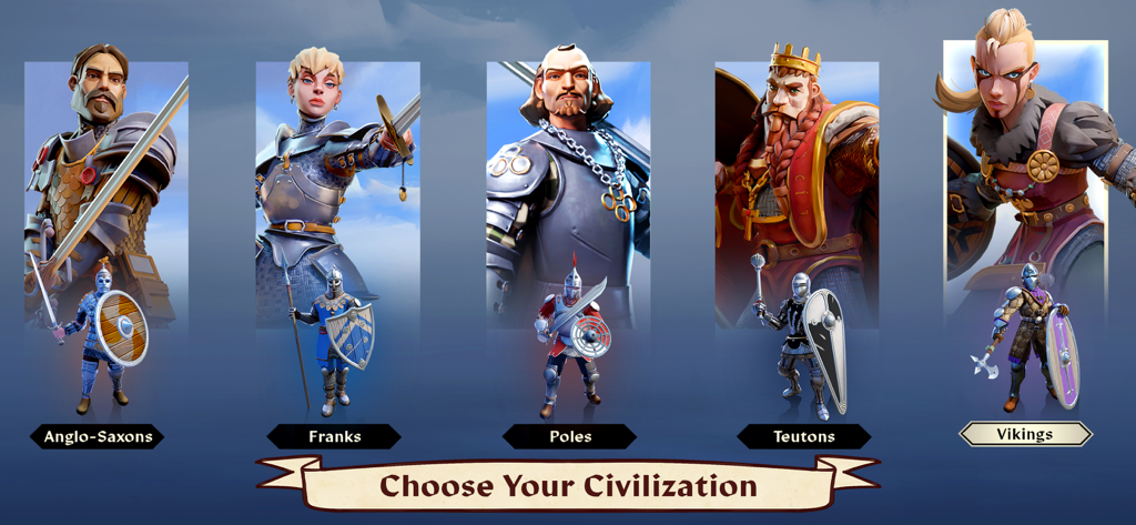 Dawn of Ages: total war battle - Pantalla de selección de civilización en Dawn of Ages mostrando guerreros medievales anglosajones, francos, polacos, teutones y vikingos