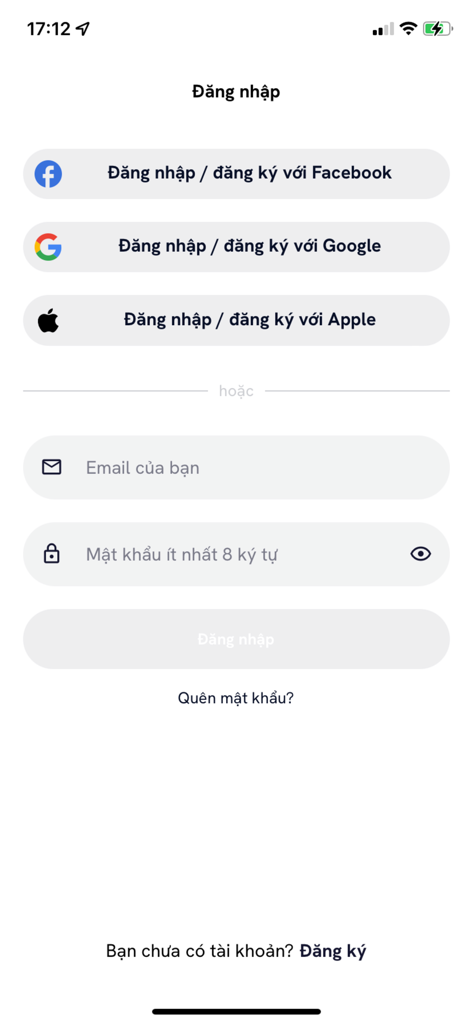 Skindex AI mobile app login screen with social sign in buttons and email fields