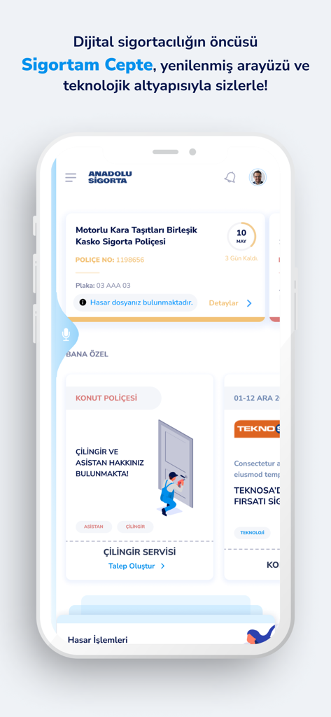 Mobile dashboard of the Sigortam Cepte app showing car and home insurance policy information