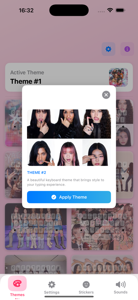 Katseye Kpop keyboard- Sticker - Katseye Kpop keyboard app showing a theme preview with group member photos and an apply button.