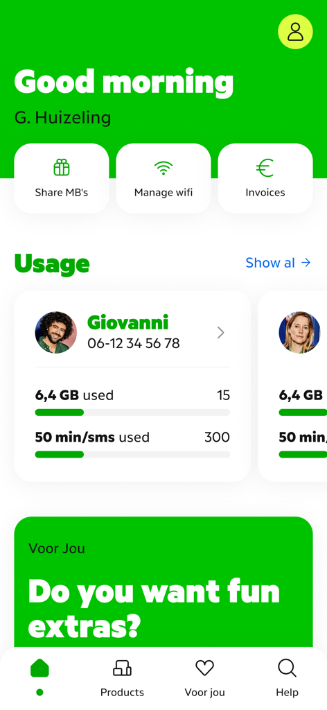 MijnKPN - Schermata principale dell'app MijnKPN che mostra metriche di utilizzo dati e chiamate insieme a pulsanti di accesso rapido per WiFi e fatture