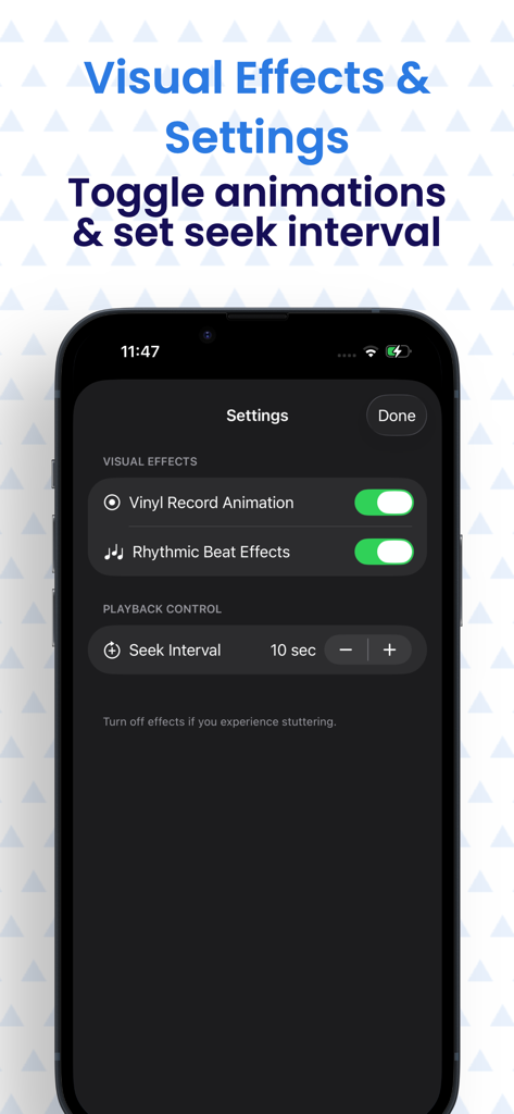 AB Repeater-  mp3 Music player - Settings screen of AB Repeater app showing visual effects toggles and seek interval controls