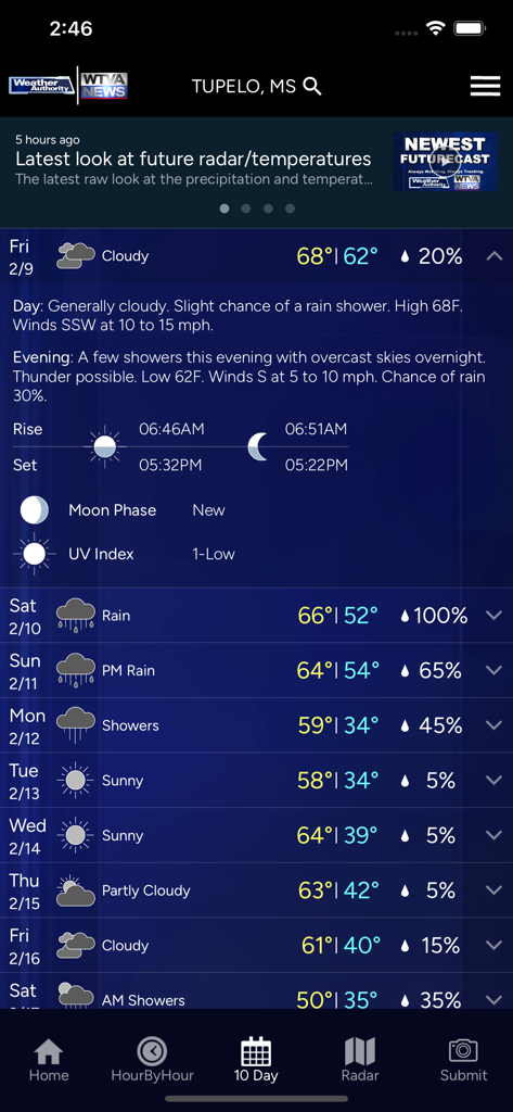 WTVA Weather app displaying a 10 day forecast for Tupelo Mississippi