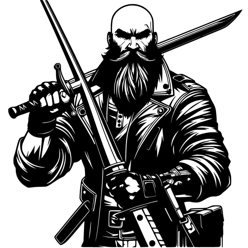 realistic bald guy with a big beard holding a sword in a punk outfit