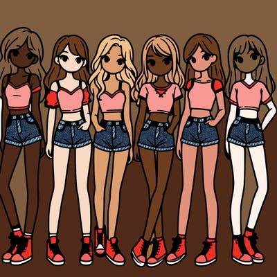 a group of girls wearing crop tops and shorts
