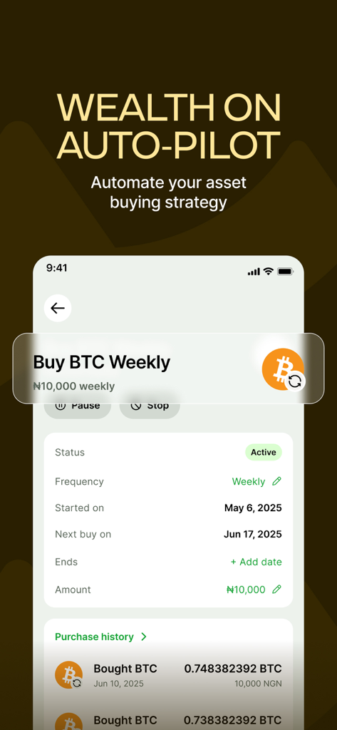 Busha: Trade BTC, ETH, SHIB - Interface de l'application Busha montrant la fonction 'Wealth on Auto-pilot' pour des achats hebdomadaires récurrents de Bitcoin en Naira nigérian.