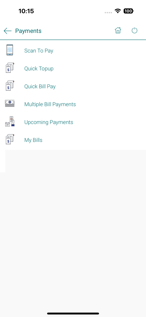 TAIBVX - The payments menu of the TAIBVX app showing options for scan to pay quick topup and bill payments