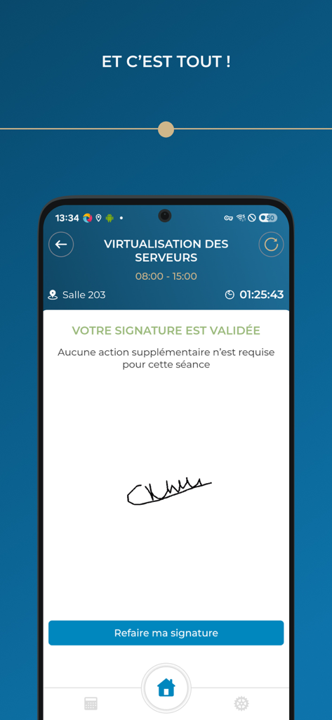 Bildschirm einer mobilen App mit einer erfolgreich validierten digitalen Unterschrift für die Anwesenheit im Kurs mit der Option, sie zu wiederholen