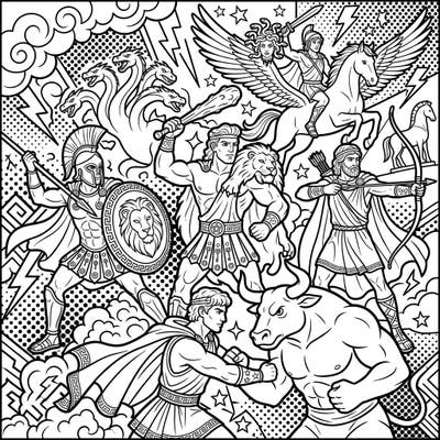Dive into the heroic world of ancient Greece with this captivating Pop Art coloring page. Featuring iconic Greek heroes battling mythical creatures, it's a dynamic template perfect for fans of mythology and bold artistic styles.