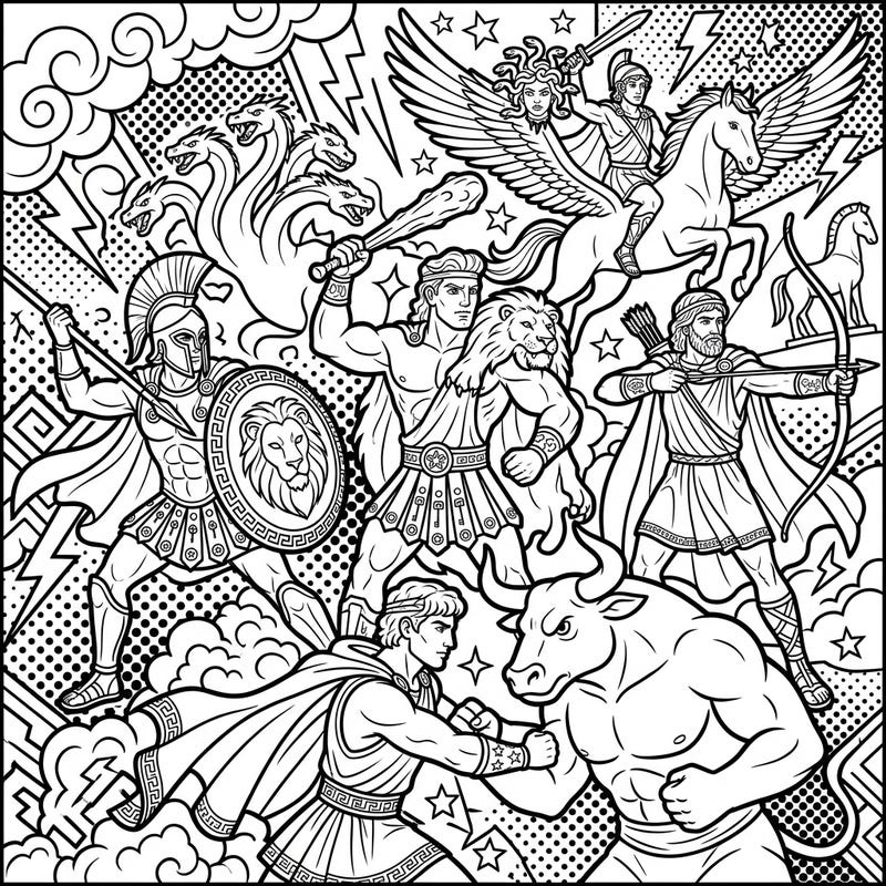 Dive into the heroic world of ancient Greece with this captivating Pop Art coloring page. Featuring iconic Greek heroes battling mythical creatures, it's a dynamic template perfect for fans of mythology and bold artistic styles.